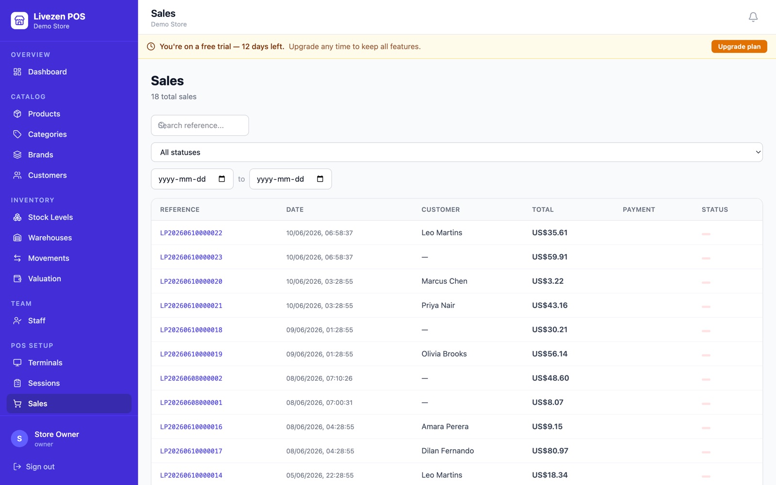 Livezen POS dashboard on the web